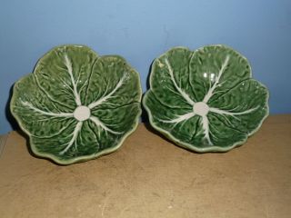 (2) Small Vtg Marked Bordallo Pinheiro Portugal Green Cabbage Leaf Bowls 5 " Inch
