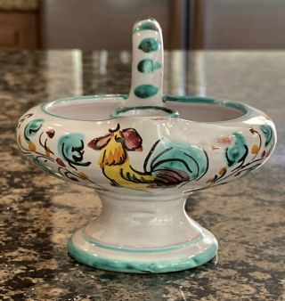 Italian Pottery Rooster Floral Candlestick Holder Green Ceramic Vtg Api Italy