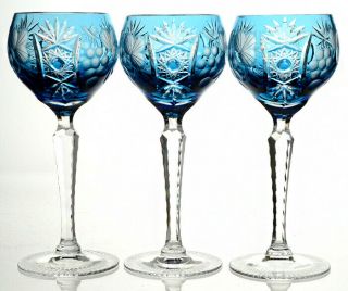 Set Of 3 Aquamarine Blue Cut To Clear Wine Hocks