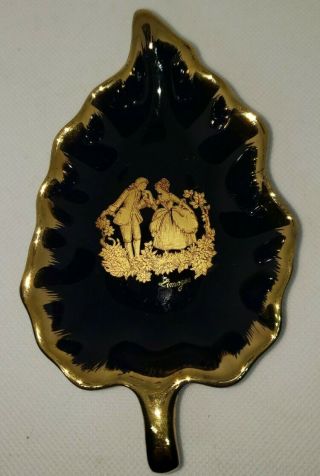 Vintage Cobalt Blue And Gold Porcelain Limoges Leaf Shaped Trinket Dish