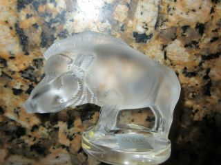 Signed Lalique France Wild Boar Warthog Pig Frosted Crystal Figurine Paperweight