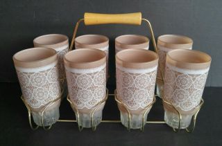 Set Of 8 Vintage Drinking Glasses W/ Caddy - Chantilly Lace Pink & White Tumblers