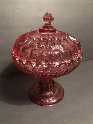 Colonial Pink Thumbprint Glass Lidded Dish/bowl 9 1/4” Footed Pedestal With Lid