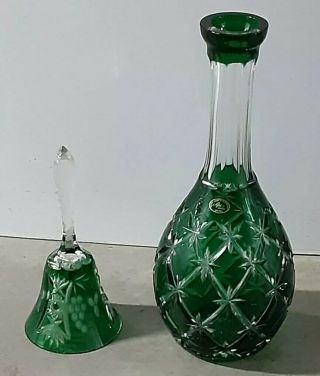 Ajka Emerald Green Cut To Clear Crystal Decanter Bell 24 Pbo Hand Made Hungary