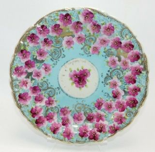 Nippon Hand Painted Pink Flowers Raised Beaded Gold & Blue Plate 10 "