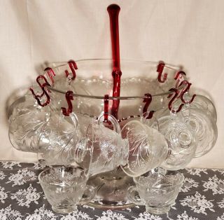 Vintage Indiana Glass Clear Pebble Leaf Punch Bowl 13 Cups 11 Hooks And Ladle