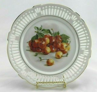 Vintage Schwarzenhammer Porcelain Lattice Plate - Cherries,  Gilded - 8.  5 "