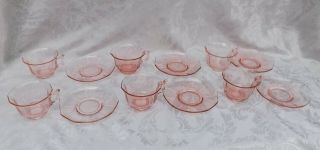 Decagon Pink Cambridge Cup & Saucer Set,  Set Of 6 Clear Pink Glass Decagon
