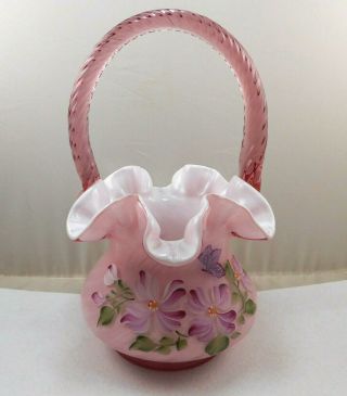 Vintage Fenton Art Glass Plum Cased Signed Hand Painted Flower Butterflys Basket