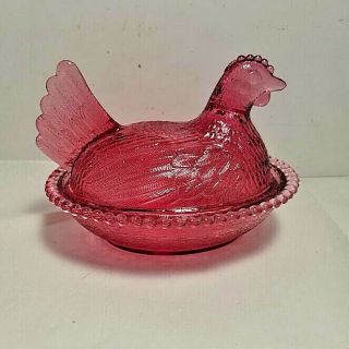 Nib Vintage Indiana Glass Cranberry " Hen On Nest " Covered Candy Dish