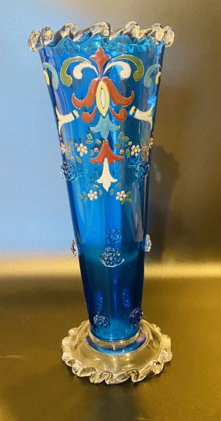 Vintage Moser Tall Art Glass Vase Gilt Enameled Glass Embellished Crimped 41
