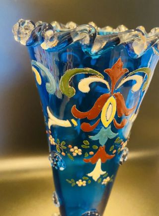 Vintage Moser Tall Art Glass Vase Gilt Enameled Glass Embellished Crimped 41 2
