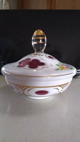 Vintage Bohemian Cut - To - Clear Cranberry Cased Glass Lidded Candy Dish Bowl
