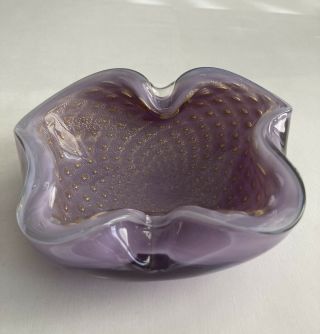 Vtg Mid Century Murano Art Glass Bowl / Ashtray Lavender W Gold & Air Bubbles