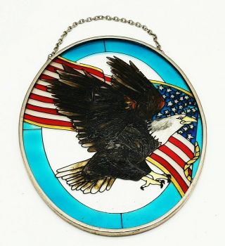 Vintage Stained Glass American Bald Eagle Sun Catcher Usa Flag 60 