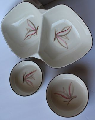 3 Pc Vintage Winfield Pottery Pink Dragon Flower Divided Veggie & 2 Fruit Bowls