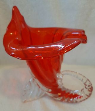 Vintage Murano Italian Glass Cornucopia Vase Mid Century In Vibrant Red