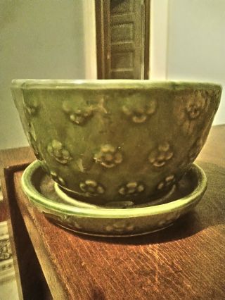 Vintage Shawnee Dark Green Embossed Quilted Planter/flower Pot With Saucer