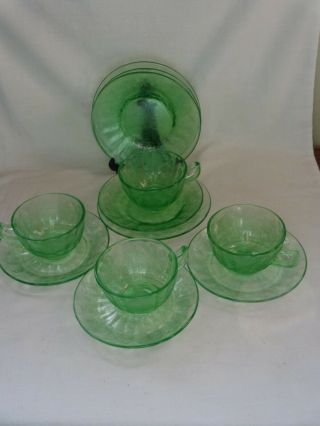 Vintage 4 Green Depression " Floral  Poinsettia " Cups&saucers & 4 Sherbet Plates