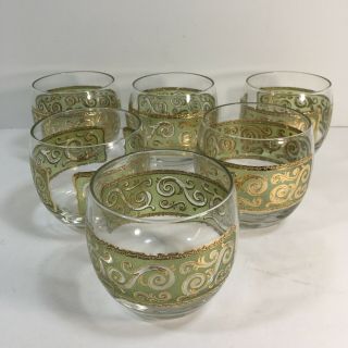 Vintage Culver Green Heavy Gold Scrolls Roly Poly Rocks Glass Set Of 6 Barware