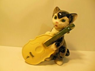 Vintage Royal Copley Black And White Cat With Cello 8 " Glass Planter