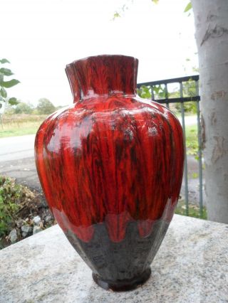 Vintage Mcm Evangeline Ware Red Brown Black Lava Drip Glaze Mod Large Vase 11 "