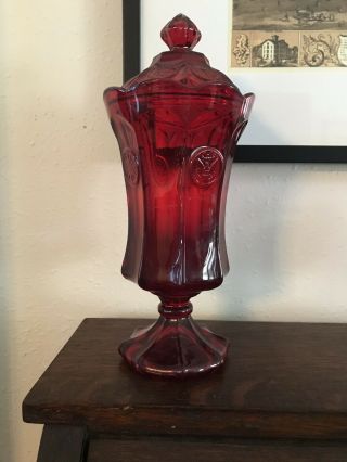 Fostoria Coin Glass Ruby Red 13 " Footed Urn With Lid 1970 