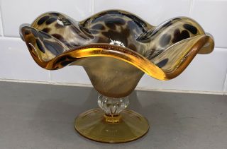 Murano Hand Blown Art Glass Candy Bowl Dish Scallop Italy White Crystal Leopard