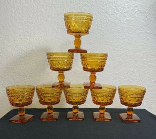 Set Of 8 Vintage Indiana Glass Amber Gold Park Lane Pattern Colony Cordial (euc)