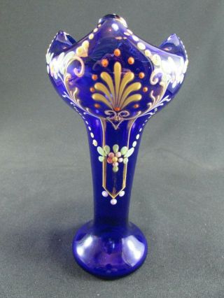Art Nouveau Hand Painted Bristol Blue Glass Vase C.  1895 - 1905