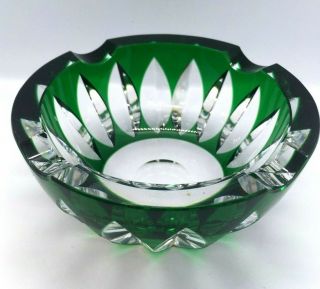 Vintage Czech Bohemian Emerald Green Cut To Clear Crystal Thick Heavy Ashtray
