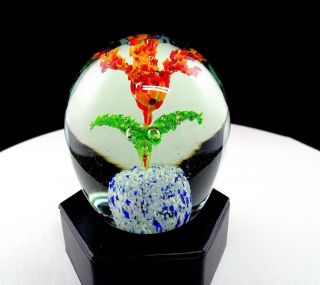 Murano Italy Art Glass Controlled Bubble Spatter Glass Flower 4 " Paperweight