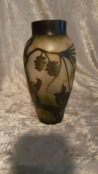 Galle Inspired Art Glass Vase Etched Birds & Trees Brown Green Orange Yellow