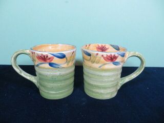 Set Of 2 Pier 1 Imports Elizabeth 4 1/2 " Stoneware Coffee Mugs Cups Handpainted