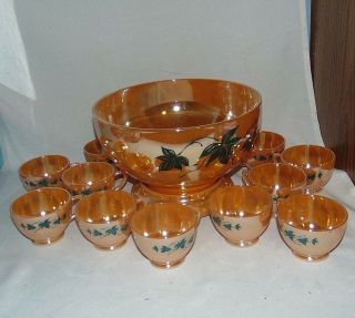 Fire King Punch Set Bowl Base Cups Peach Luster Green Ivy