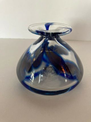 Vintage Joe Hamon Signed Studio Art Glass Cobalt Blue Silver Swirl Vase