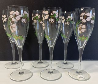 6 Perrier Jouet Belle Epoque Crystal Stemware Floral Champagne Flute Glasses