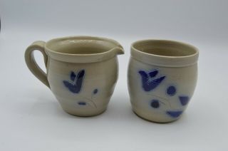 Williamsburg Pottery Salt Glaze Blue Flowers Open Sugar And Creamer Set