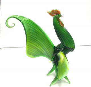 Vintage Murano Art Glass Rooster Statue Figurine Hand Blown 10” Green Exc Cond