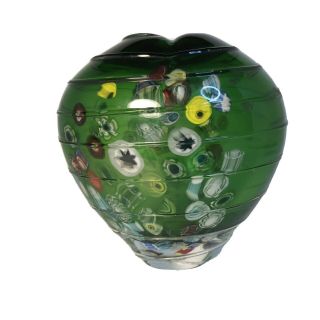Vintage Mid Century Hand Blown Art Glass 6.  5” Vase Green With Millefiori - Heavy