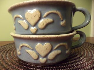 Two Blue Vintage Stoneware Heavy Soup Bowls Handles W/brown Speck Inside Signed