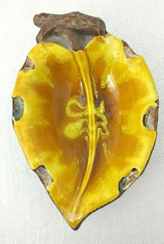 Vintage Treasure Craft Small Yellow Wood Grain Ceramic Leaf Trinket Dish Gift