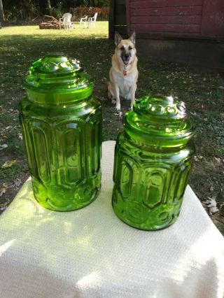 Set Of 2 Vintage L.  E.  Smith Moon & Stars Emerald Green Glass Canisters