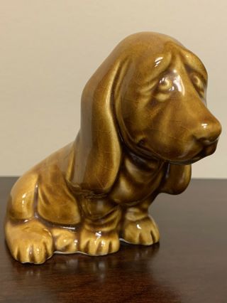 Vintage " Haeger Usa " Pottery Brown Glazed Basset Hound Beagle Dog,  3.  75 " Tall