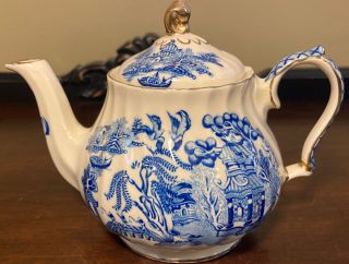 Vintage Sadler England Blue Willow Teapot 5” Gold Trim