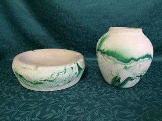 Large Nemadji Pottery Ashtray Vase Set Indian River Green Swirl Nemadji Handmade
