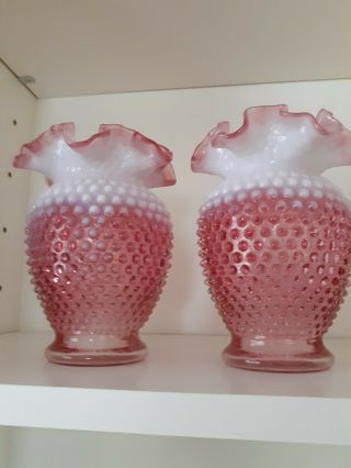 Vintage Fenton Pink Opalescent Hobnail Vase Ruffled Edge 6 " Tall Exc.