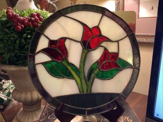 Stained Glass 10.  5” Round 3 Tulips & Greenery Design Can Hang ❤️