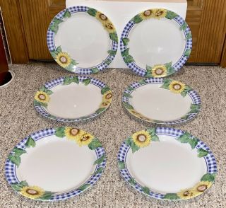 Corelle Sunsations Dinner Plates 10 1/4 Inch Sunflowers Blue Plaid Set Of 6