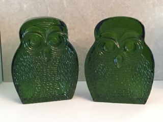Vintage Blenko Glass Owl Bookends Pair Green Heavy Glass Exc